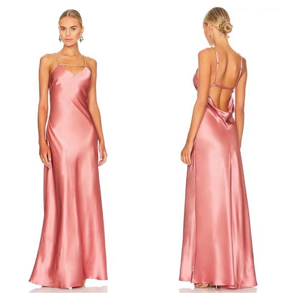 Cult Gaia Kirya Jaipur Gold Chain Halter Neck Pink Satin Maxi Gown Size Small - Picture 1 of 10